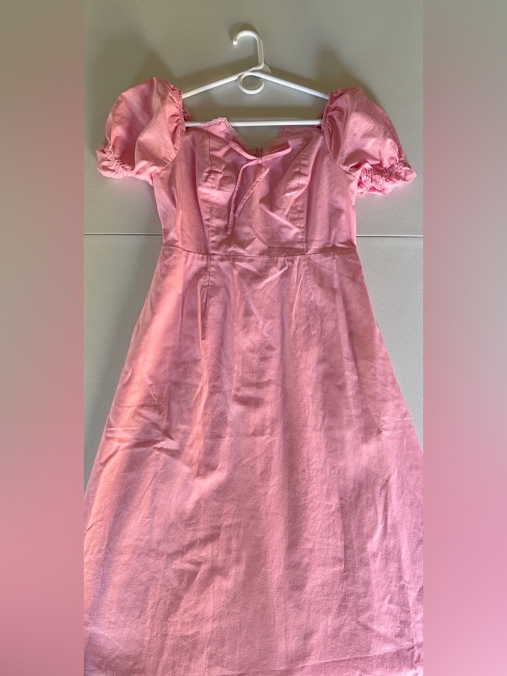 Pink Puff-Sleeve Midi Dress - Romantic Square Neck